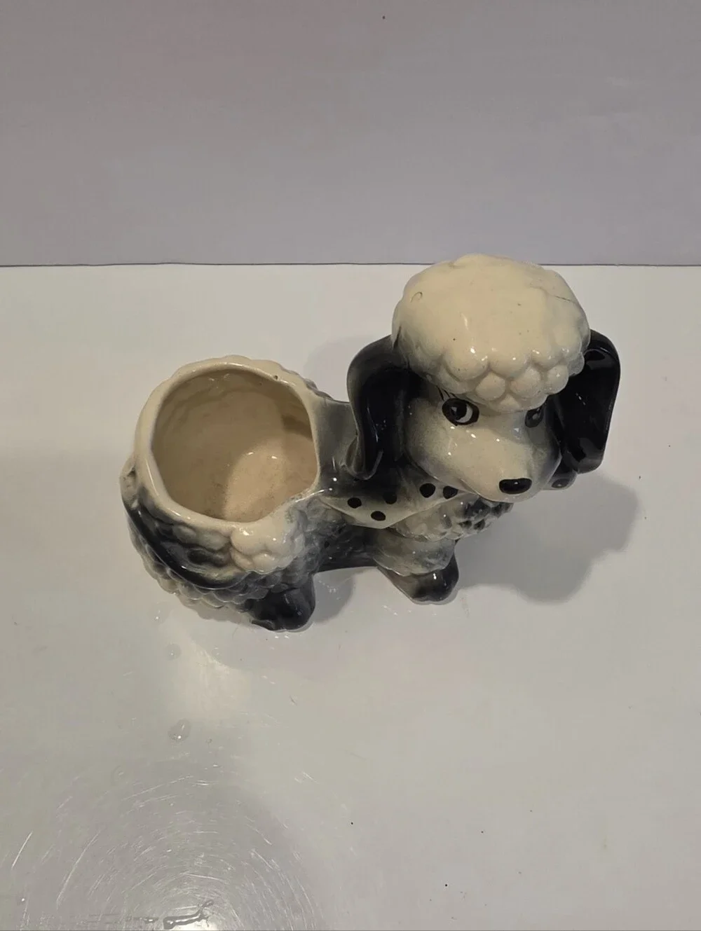 Vintage Ceramic Black and White Poodle Planter